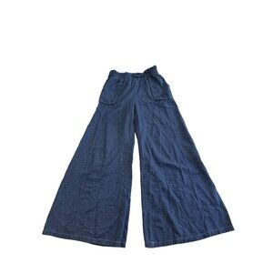 Dee Elly Pants Womens M Blue Chambray Cotton Paper Bag Wide Leg Pull On no belt